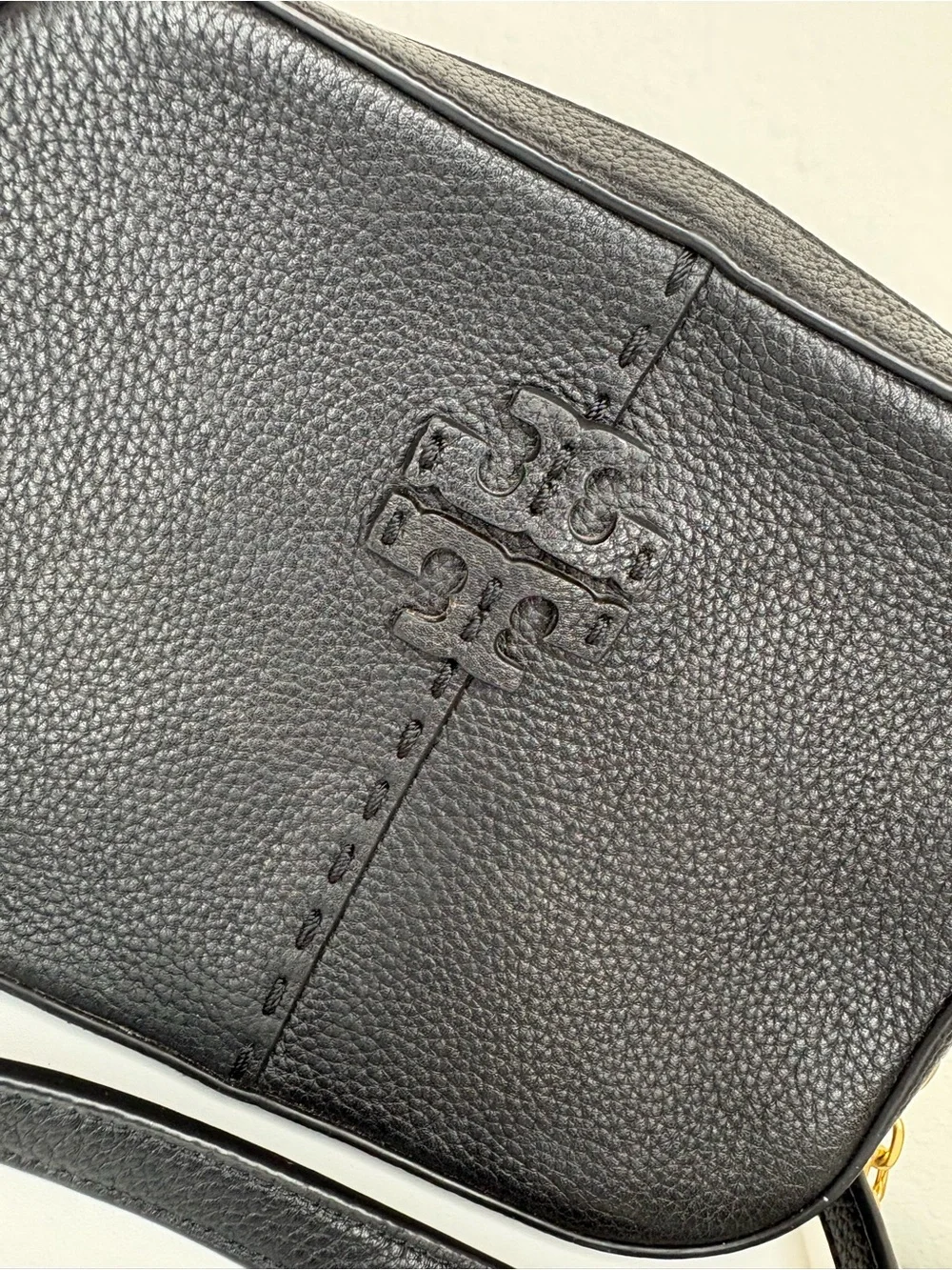 Tory Burch Black Pebbled Leather McGraw Camera Crossbody Bag gold hardware